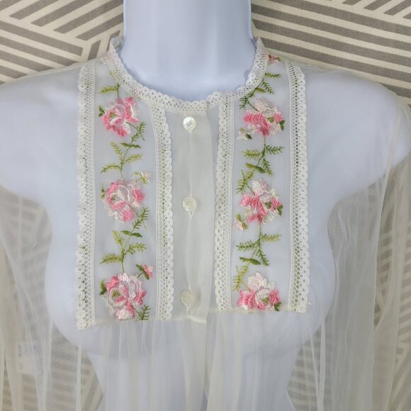 Vintage Shannon Lee Sheer Robe Nylon Medium Floral Embroidered Peignoir *FLAW* - Picture 3 of 12